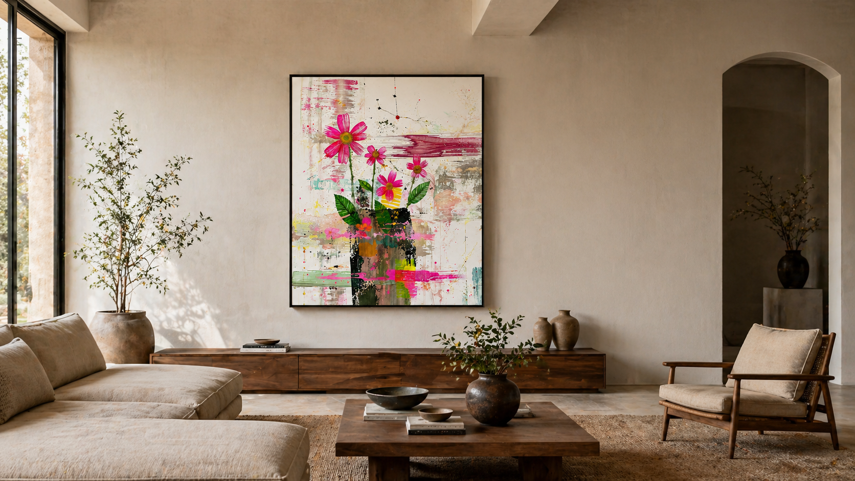 Modern living room with a colorful abstract painting on the wall